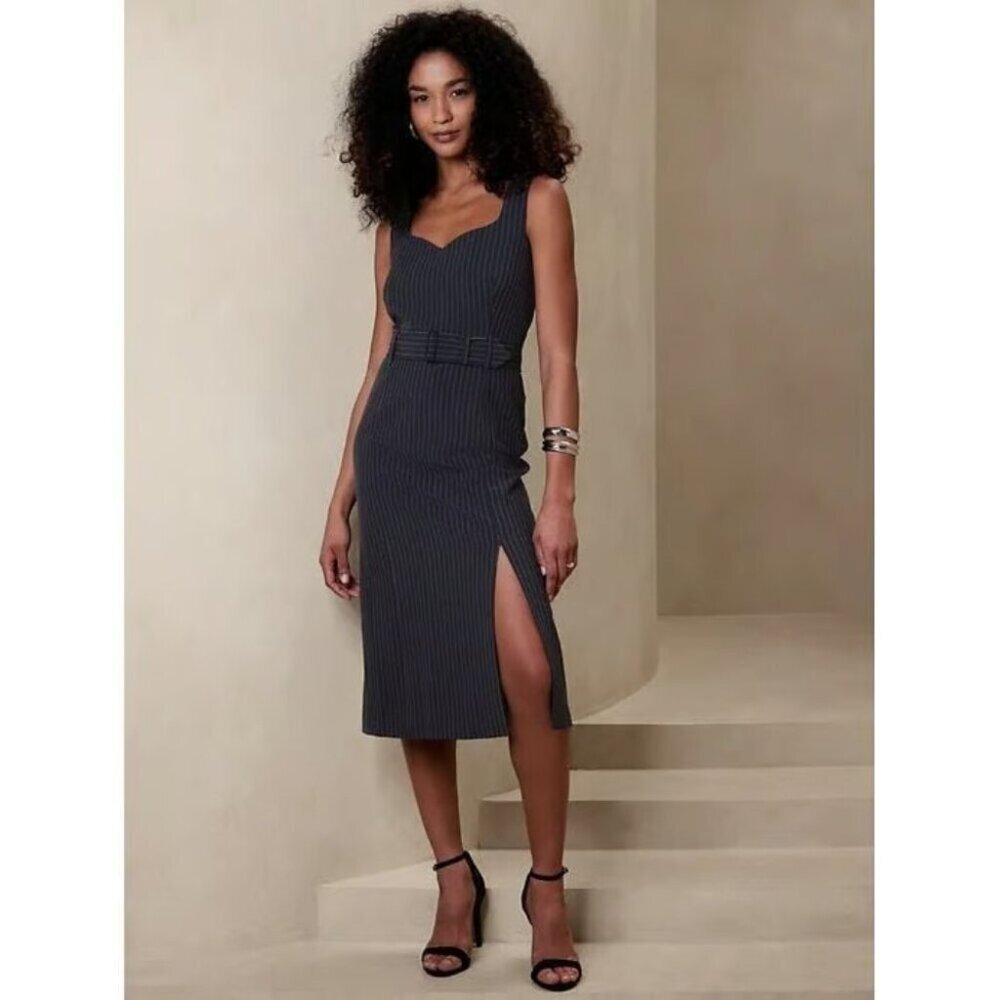 Banana Republic Belted Sheath Midi Dress Navy Stripe Size 10